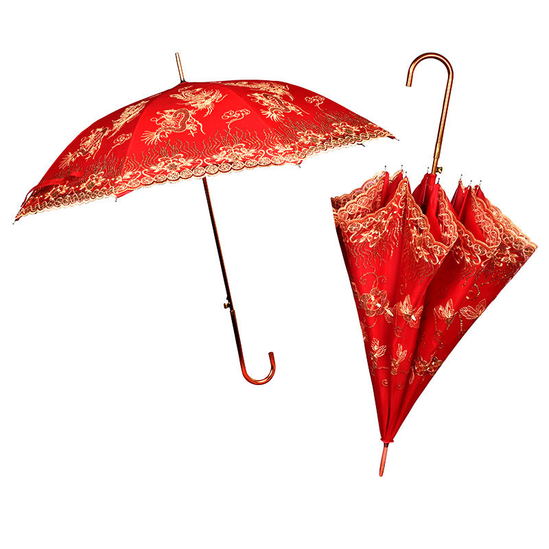 Spot Wedding Red Umbrella Straight Rod Semi-automatic Wedding Umbrella Festive Chinese Vintage Sunshade Bridal Umbrella Wholesale