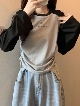 韩版春秋大码女装撞色抽绳圆领长袖印花修身打底t恤女上衣潮批发