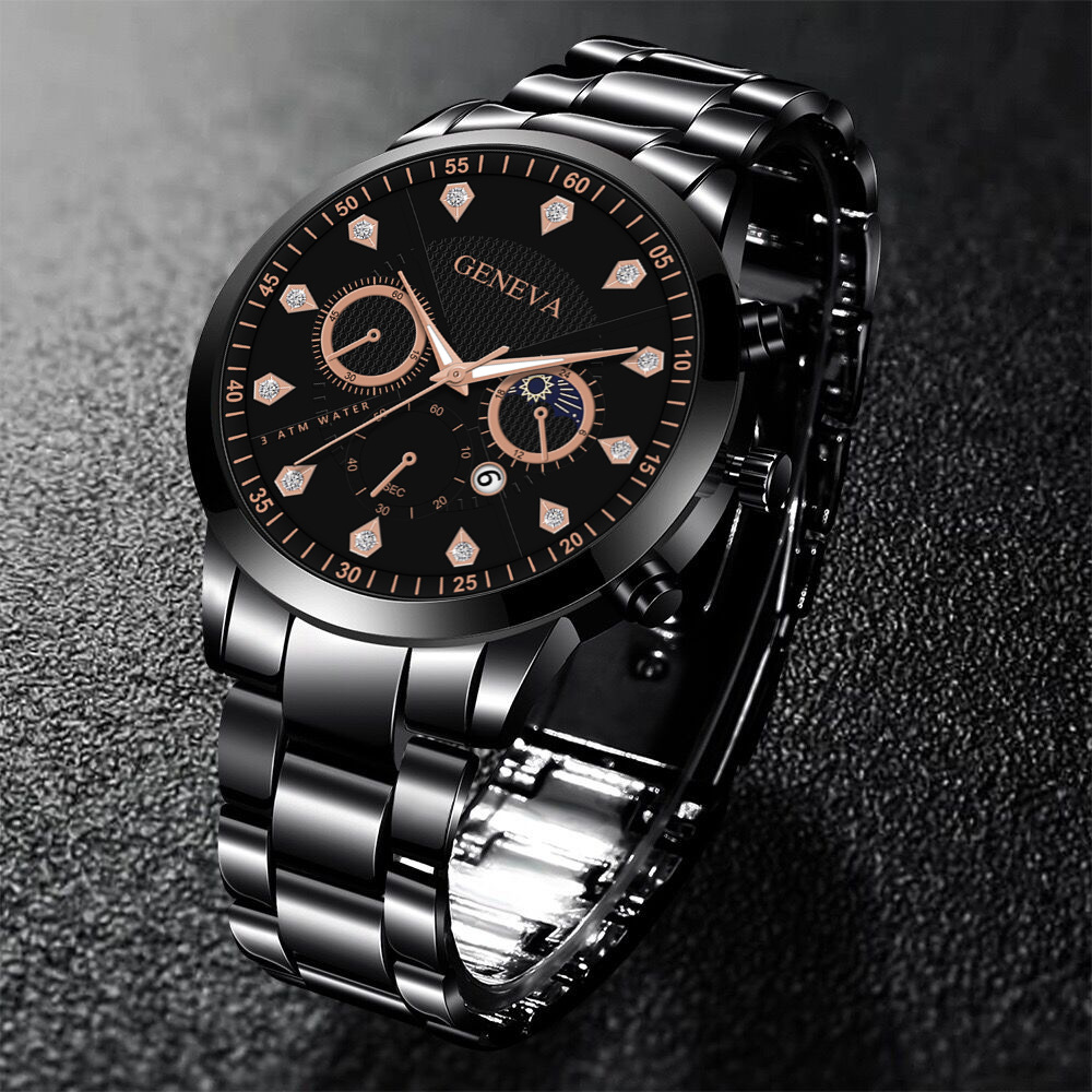 geneva时尚日月星辰镶钻男士钢带手表假三眼日历石英腕表男款代发