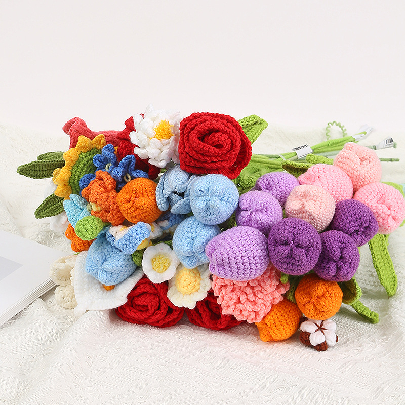 amazon handmade finished woven rose lily tulip flower artificial flower wool knitted bouquet wholesale