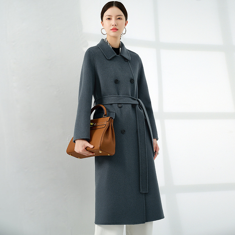 100%骆驼绒女大衣高级感手工缝制双面羊绒女款毛呢中长款外套批发