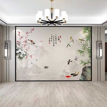 新中式背景墙壁纸壁画现代水墨山水花鸟竹子酒店客厅沙发墙纸墙布