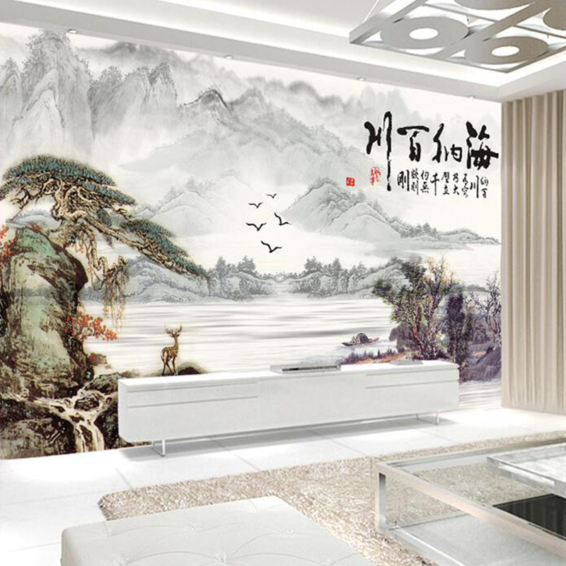 电视背景墙壁纸中式客厅3d立体壁画影视墙装饰无缝墙布山水画大气