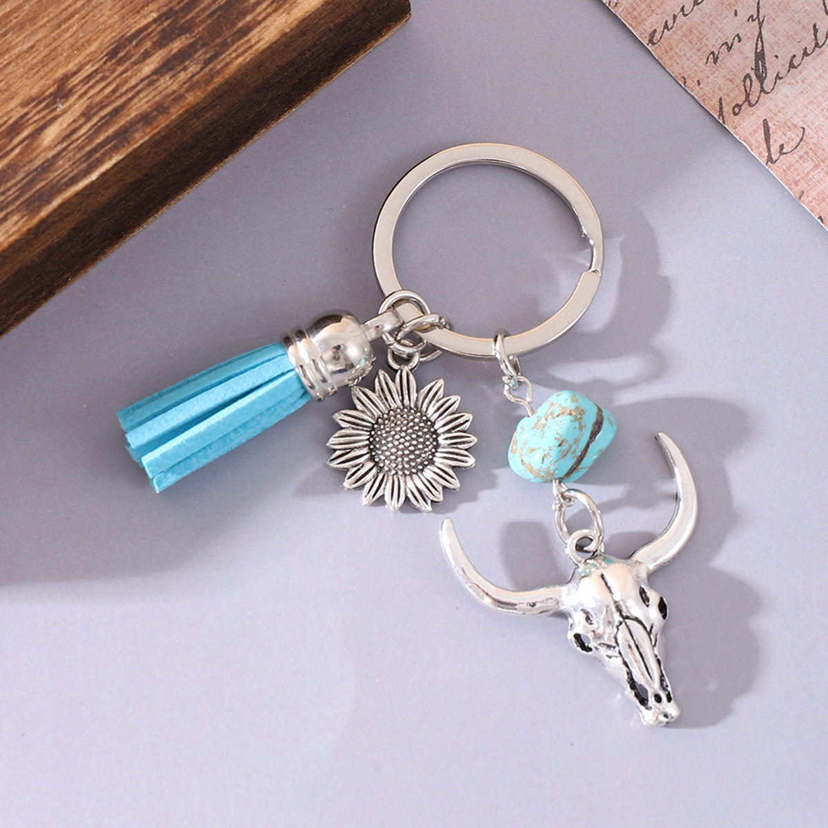 Red Korean Velvet Tassel Key Chain Alloy Cow Head Sunflower Pendant Natural Turquoise Cross-Border European American Horse