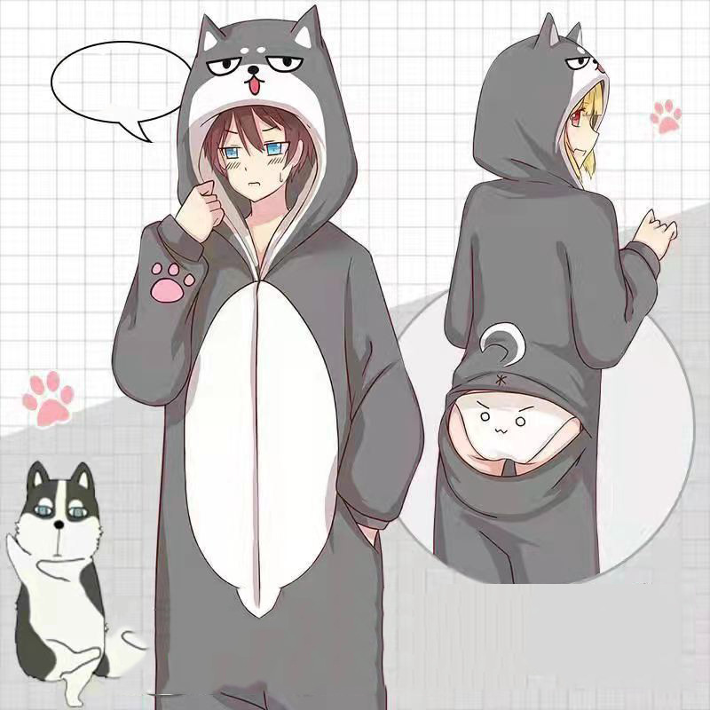 法兰绒卡通动物连体睡衣加大版敖丙哈士奇二次元动漫学生睡衣代发