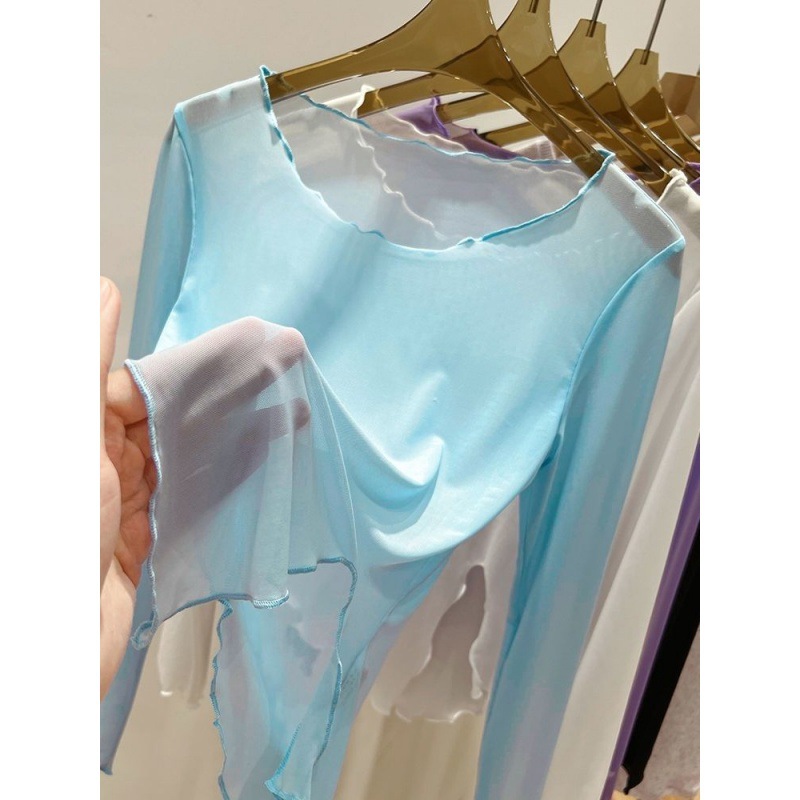 Ice Silk Net Yarn Bottoming Shirt Women's Summer Inner Sun Protection Long-Sleeve T-shirt Western Style Wooden Ear Sexy Tulle Sheer Top