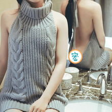 速卖通ebay 2024春季性感露背情趣毛衣女高领无袖针织套头