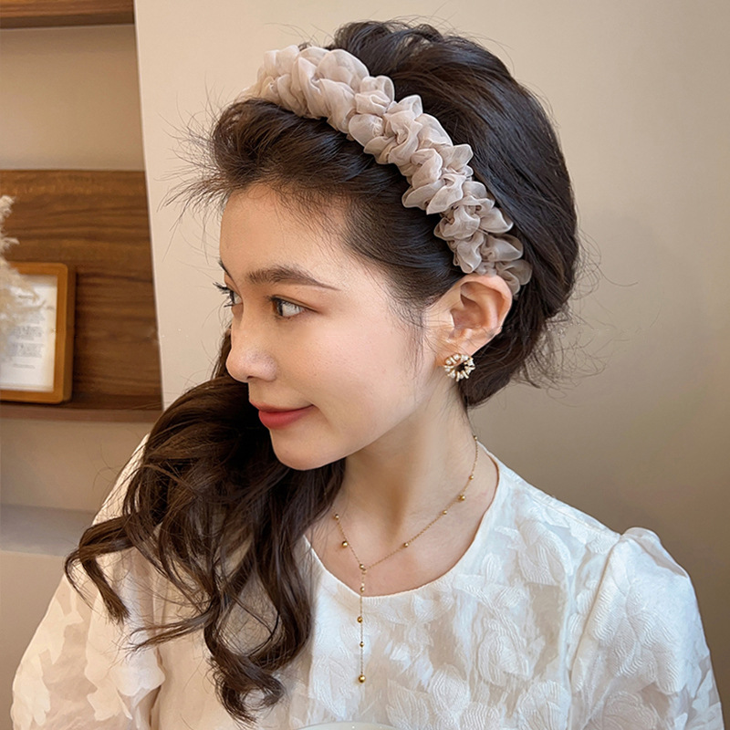 Headband Mesh Pleats Face-Looking Small Headband Female Headdress High Skull Top Versatile out Chiffon Pleated Headband Hair Accessories