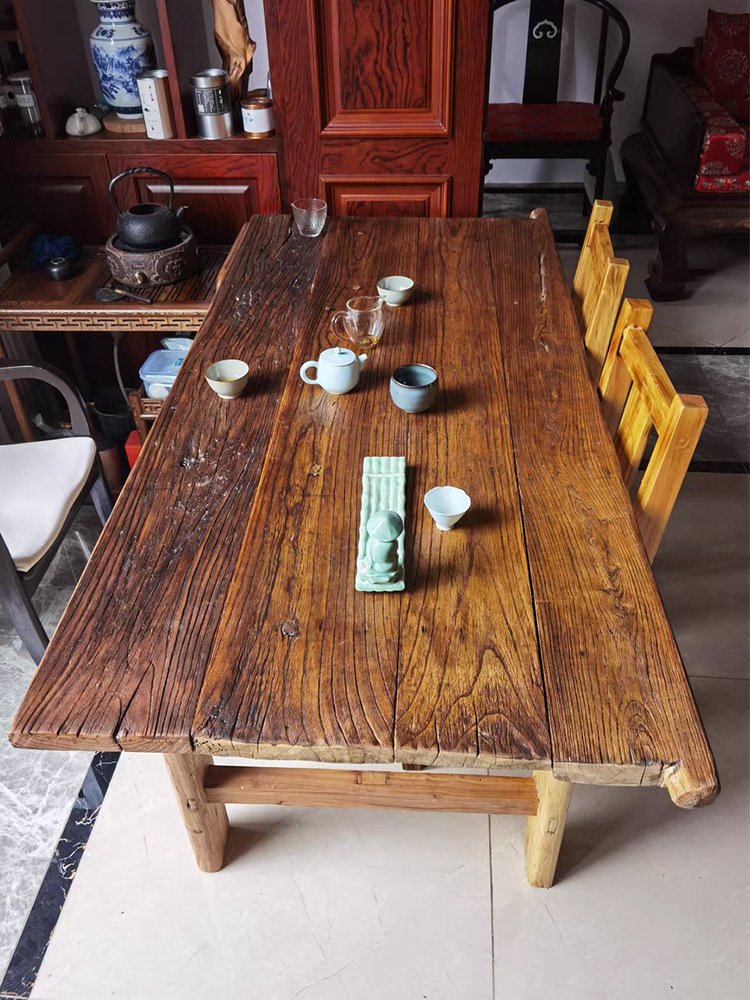 老榆木风化门板复古怀旧旧木板餐桌休闲咖啡桌椅组合茶桌