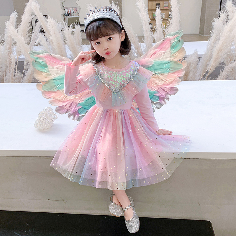 Spring Princess Elsa Dress Girls Autumn Rainbow Long Sleeve Dress Wings Tulle Tutu Unicorn