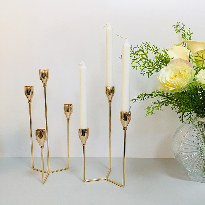 Iron Line Candlestick 3-Head 4-Head Electroplated French Gold Long Brush Holder Candle Holder Support Nordic Modern Simple Home Decoration