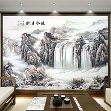 中式流水生财山水风景画瀑布客厅装饰画招财靠山图挂画背景墙贴画