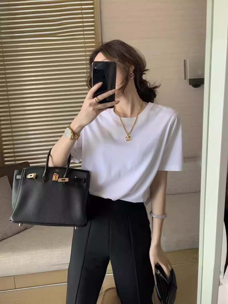 heavy cotton white shoulder short-sleeved t-shirt clothes women‘s summer loose inner base solid color top ins delivery