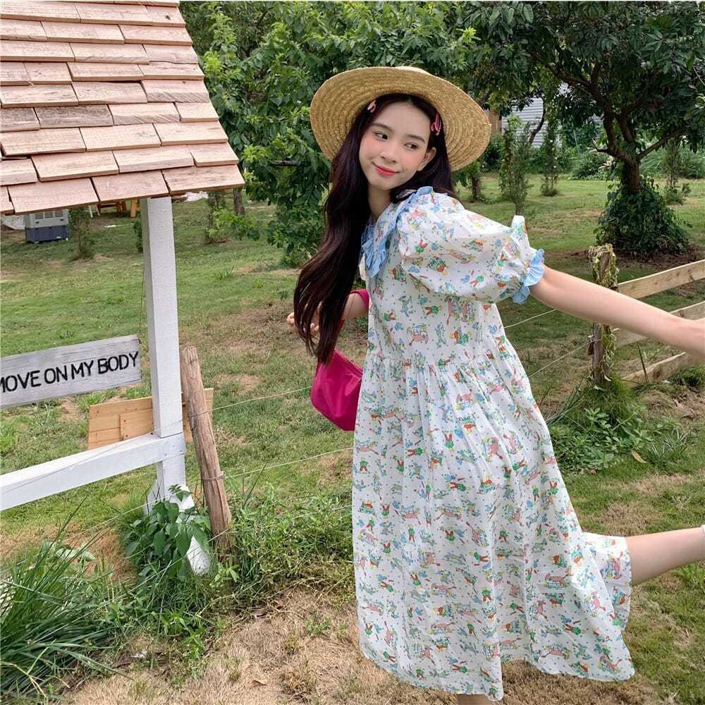 碎花连衣裙甜美泡泡袖裙子女夏季娃娃领小个子减龄a字长裙