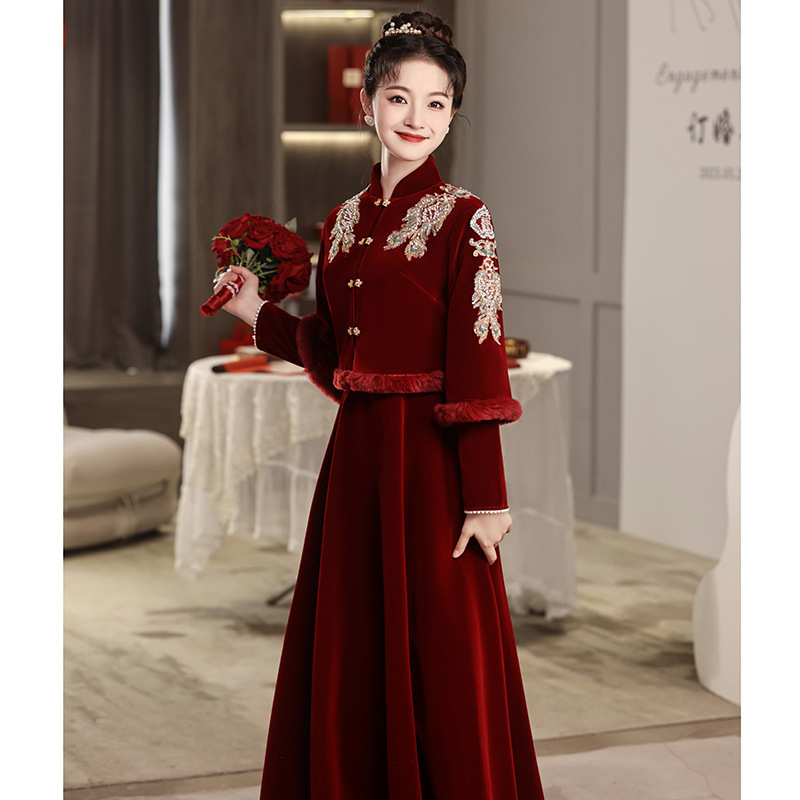 中式敬酒服新娘旗袍冬季加绒加厚结婚订婚丝绒秀禾服