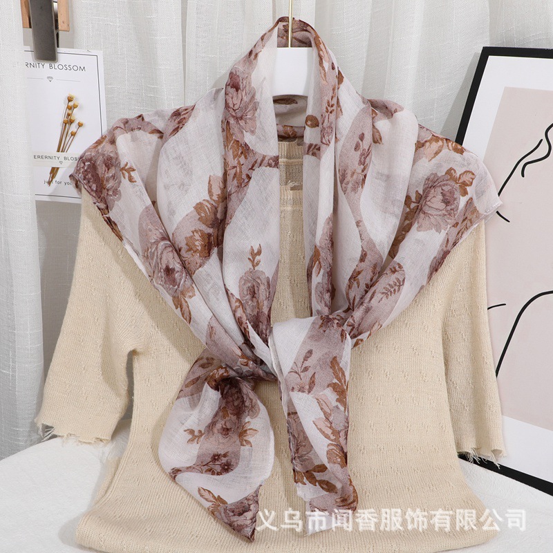 Autumn and Winter New Rose Printed Square Scarf 90cm Voile Cotton and Linen Feel Warm Thin Scarf Sun Protection Closed Head Scarf