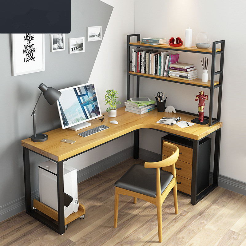 北欧风转角l型电脑桌实木家用写字桌书架组合办公室书桌书柜一体
