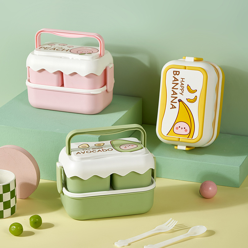 J25 Double-Layer Cartoon Plastic Lunch Box Lunch Box for Students Microwave Portable Compartment Lunch Box