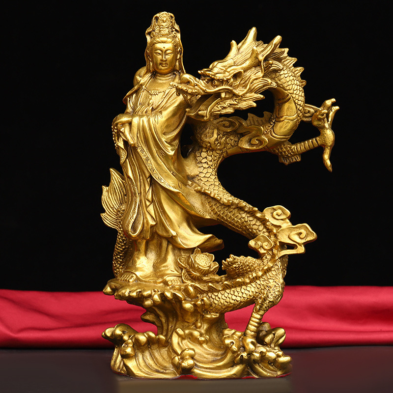 黄铜站龙观音骑龙观音摆件工艺品批发黄铜观音用品家居工艺品摆件