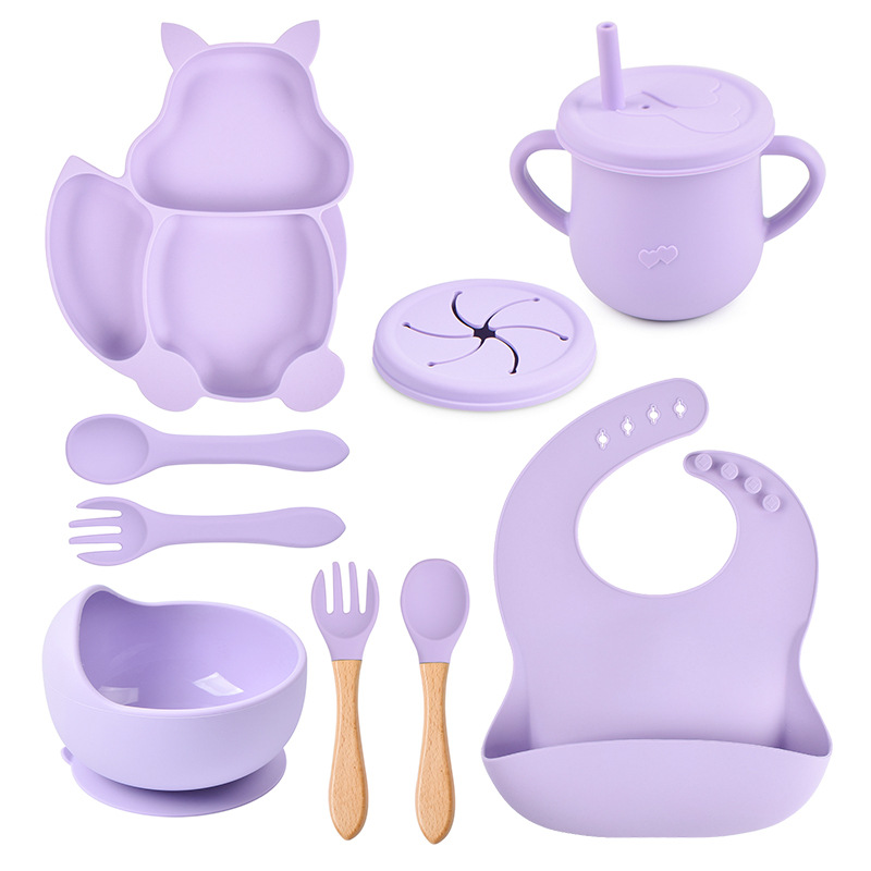 8-Piece Children's Squirrel Compartment Silicone Tableware Set Baby Silicone Food Supplement Set Children Silicone Plate