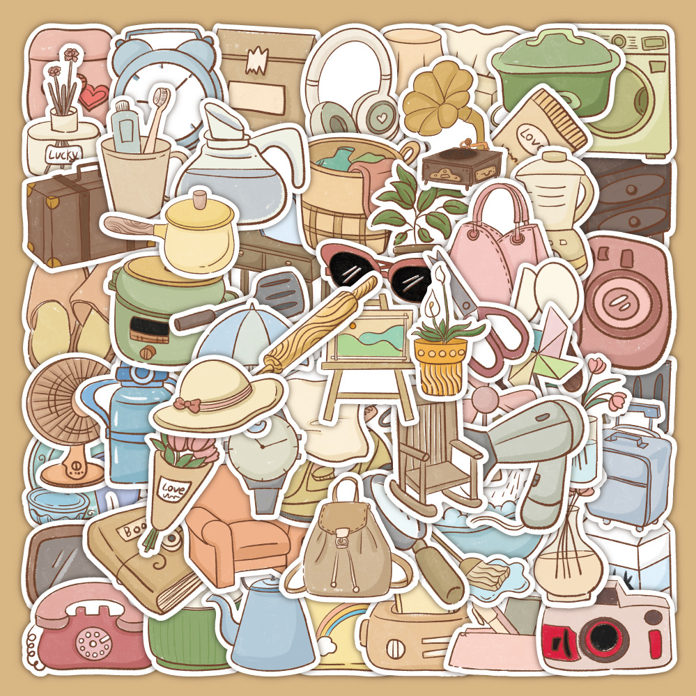 60张原创文艺风生活用品贴纸装饰贴画手帐行李箱滑板车墙面装饰 图片