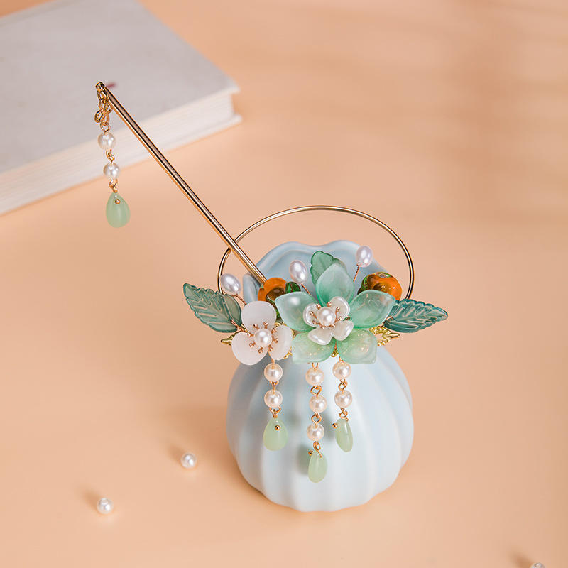 中国风汉服发饰花朵流苏后冠发簪后压古风簪子柿子头饰超仙配饰