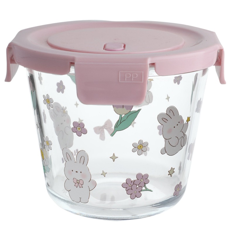 Heat Transfer Printing Flower Room Rabbit Heat-Resistant Glass Crisper Freshness Bowl Sealed Bento Box with Lid Glass Bowl