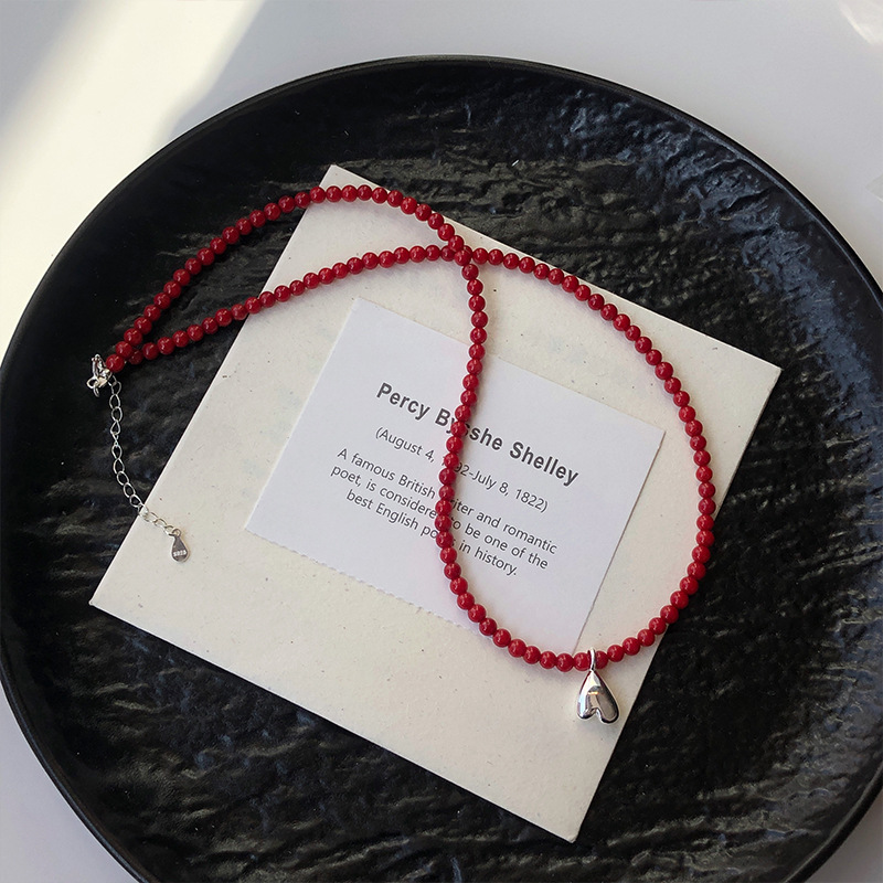 s925银倒挂爱心海竹珊瑚项链红色串珠ins博主个性时尚小众本命年