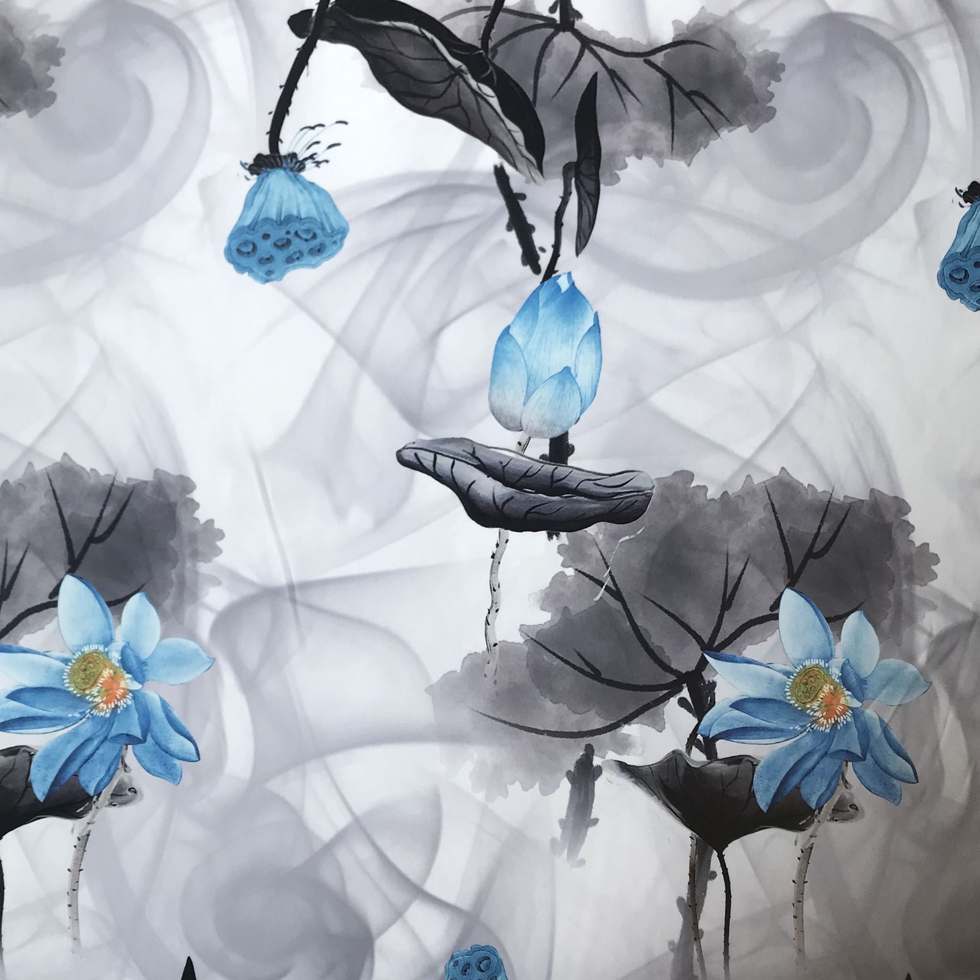 弹力缎数码印花高密缎面 中国风荷花唐装旗袍连衣裙印花面料现货