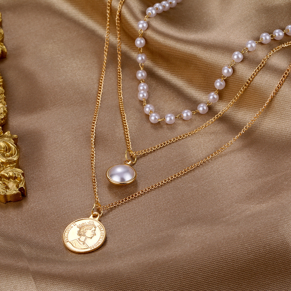 韩饰项链珍珠多层圆珠头像吊坠项链跨境ins新品流行首饰aa3318