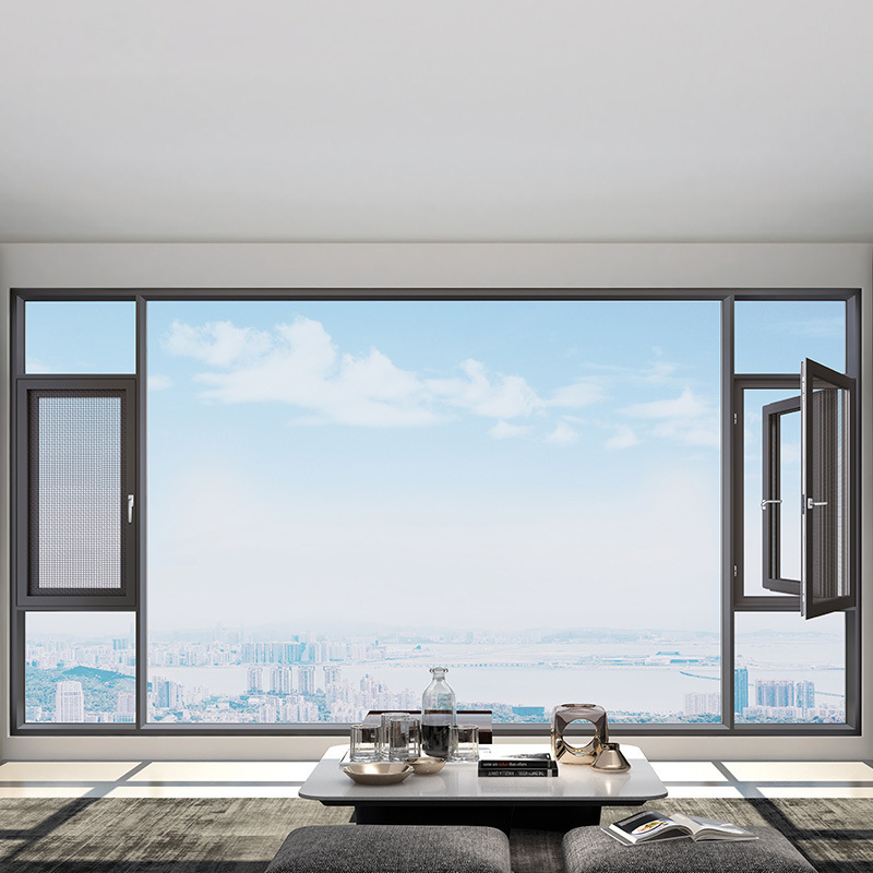广东别墅工程铝合金断桥窗 双层钢化玻璃窗纱一体系统平开窗防盗