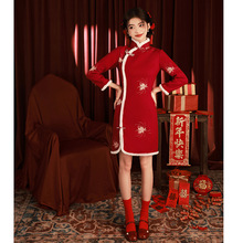 红色旗袍冬季冬款加厚加绒女过年小袄拜年服女战袍小个子短款裙子