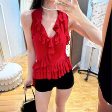 雪纺衫女2024新款上衣夏季红色不规则设计感性感辣妹修身无袖吊带