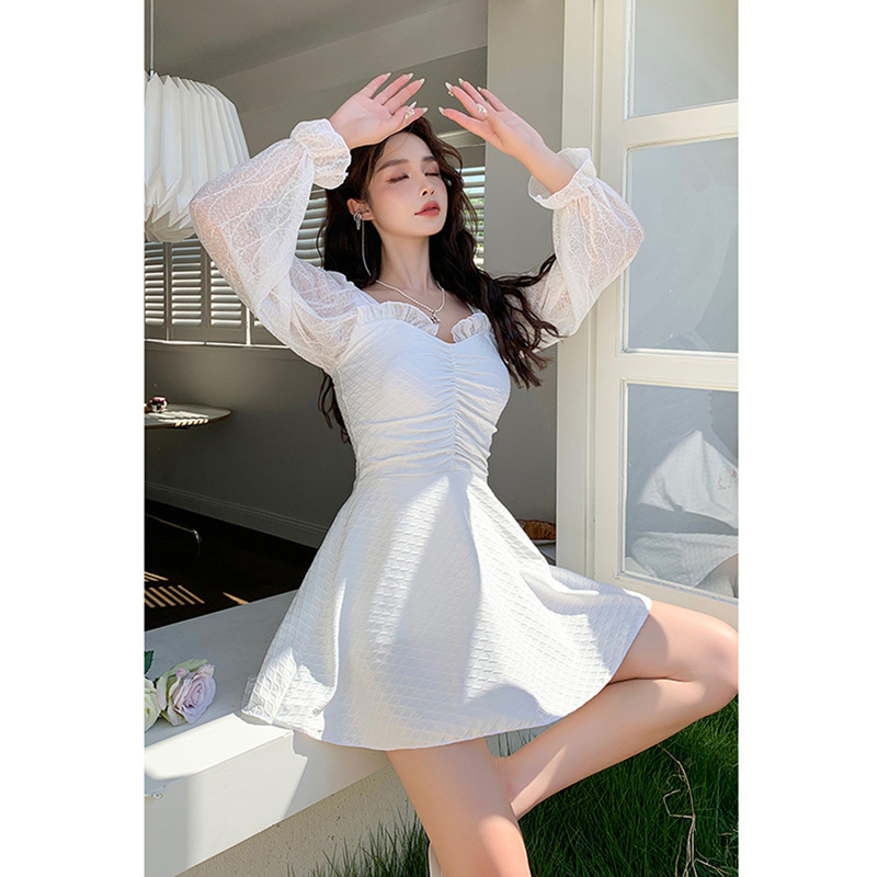 Super Fairy Ins Swimsuit Female Fashion Conservative Fairy Style Long Sleeve Sun Protection Slimming Small Chest Gathered Skirt One Piece Swimsuit