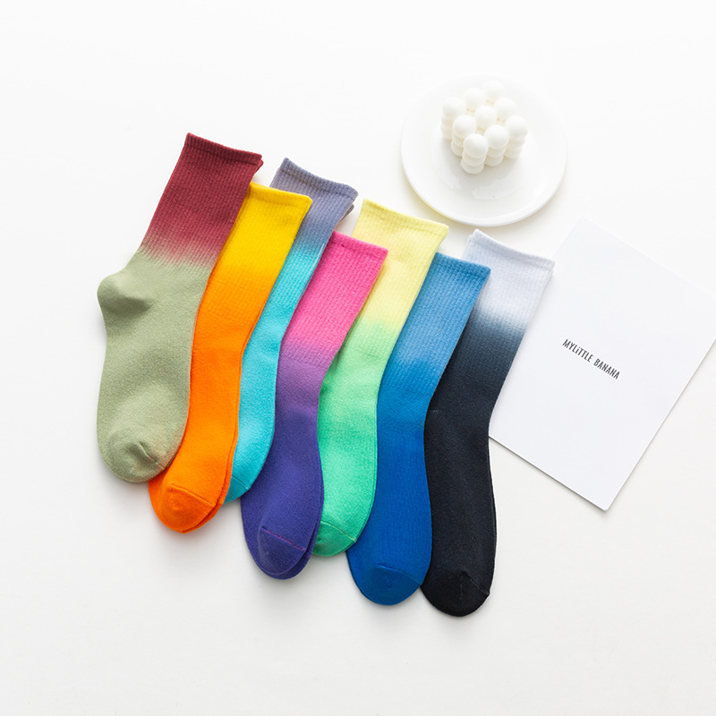 [Gradient Socks] Knee-High Sports Socks Women's Ins Fashion Brand Outerwear Socks European and American Street Sesh Casual Tie-Dyed Socks