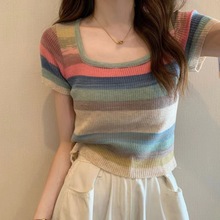 彩虹条纹渐变方领针织短袖T恤女2023夏季新款小个子甜辣风上 衣潮