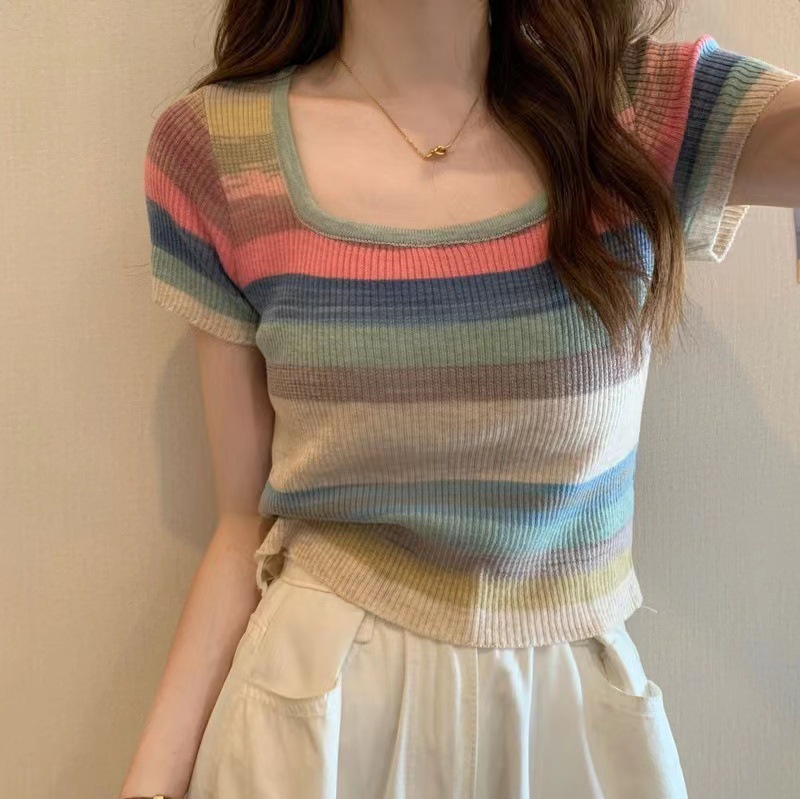 rainbow striped gradient square collar knitted short-sleeved t-shirt female 2023 summer new small sweet and spicy style top tide