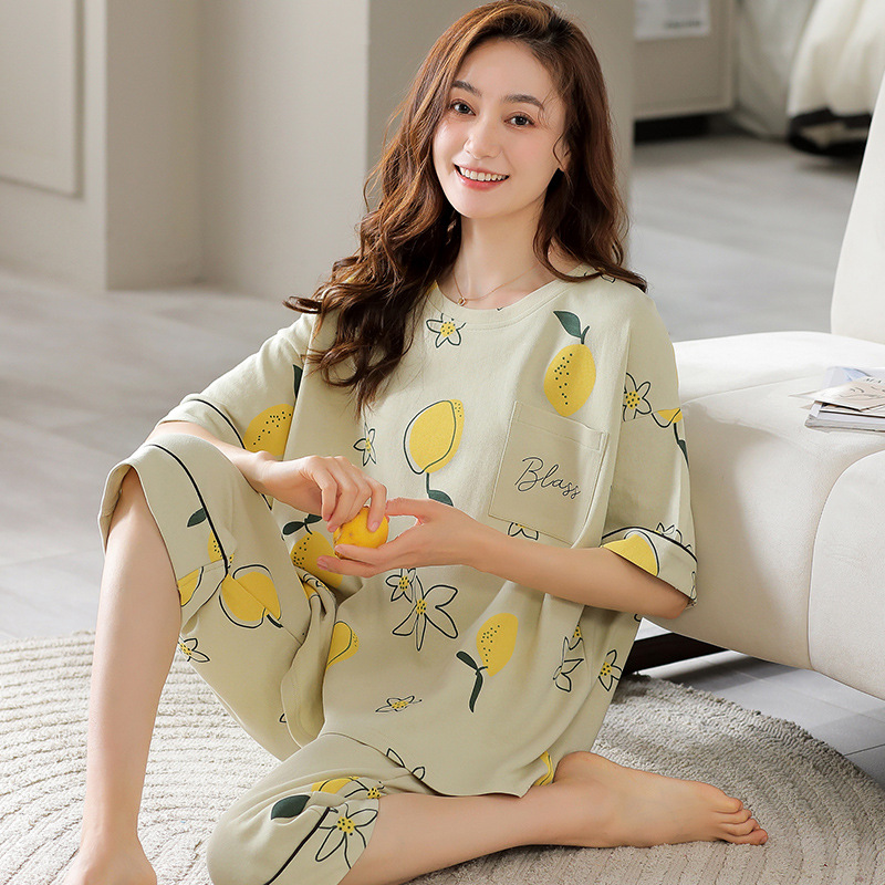 Women's Cotton Casual Suitable for Daily Wear Pajamas 2023 New Summer Thin Short-Sleeved Cropped Pants round Neck Summer Home Wear