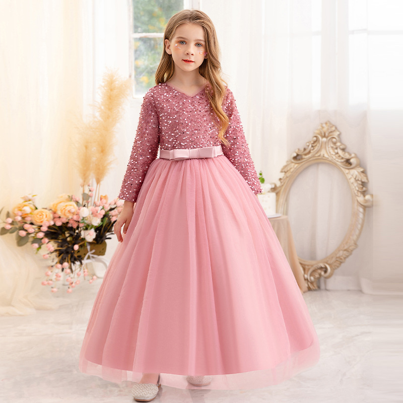 跨境儿童走秀长款晚礼服公主裙花童宴会婚纱裙主持人钢琴演出服装