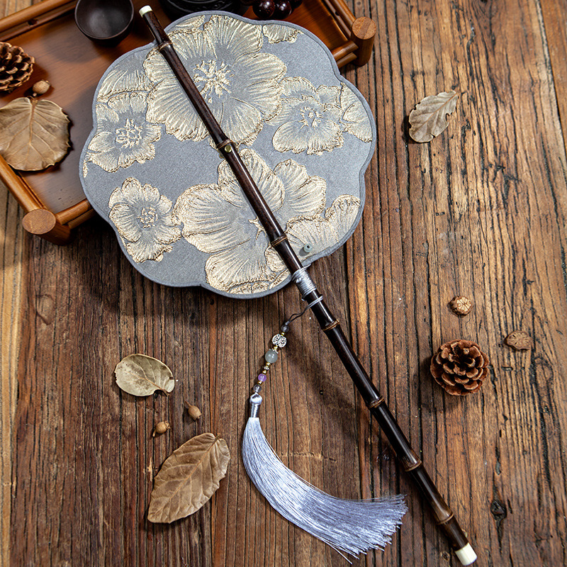 古风紫竹腰扇汉服团扇中国风长柄流苏可卷曲折扇古典便携挂腰扇子