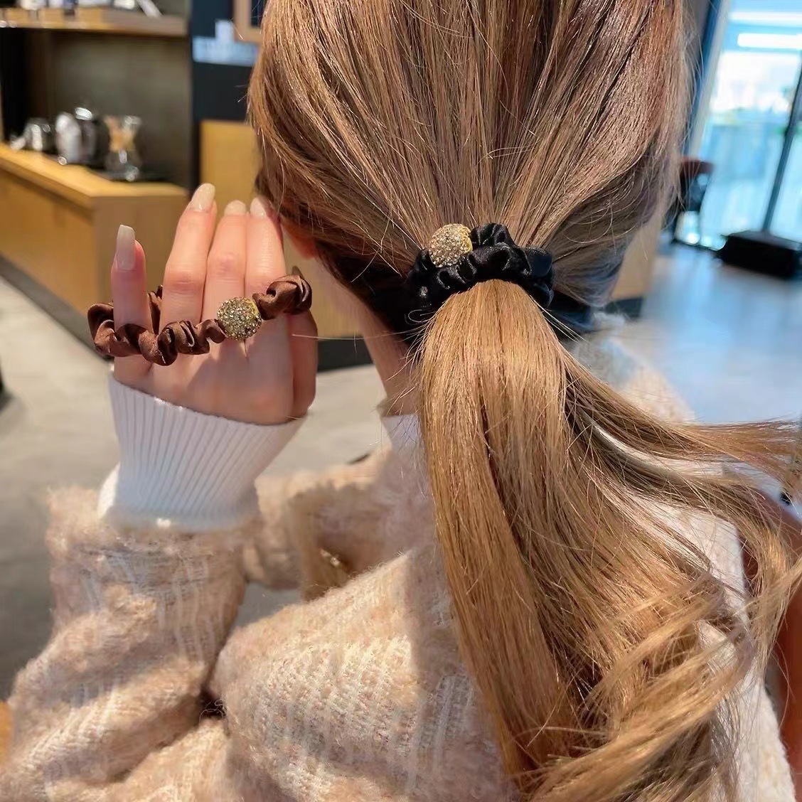 韩国新款水钻大肠发圈女高弹力法式豹纹发圈扎马尾皮筋头绳批发