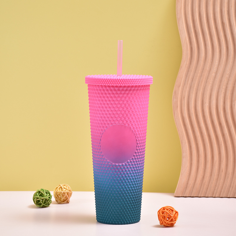 New Good-looking Gradient Plastic Cup Creative Large Capacity Cup with Straw Portable Double Layer Tie Hand Durian Cup Wholesale