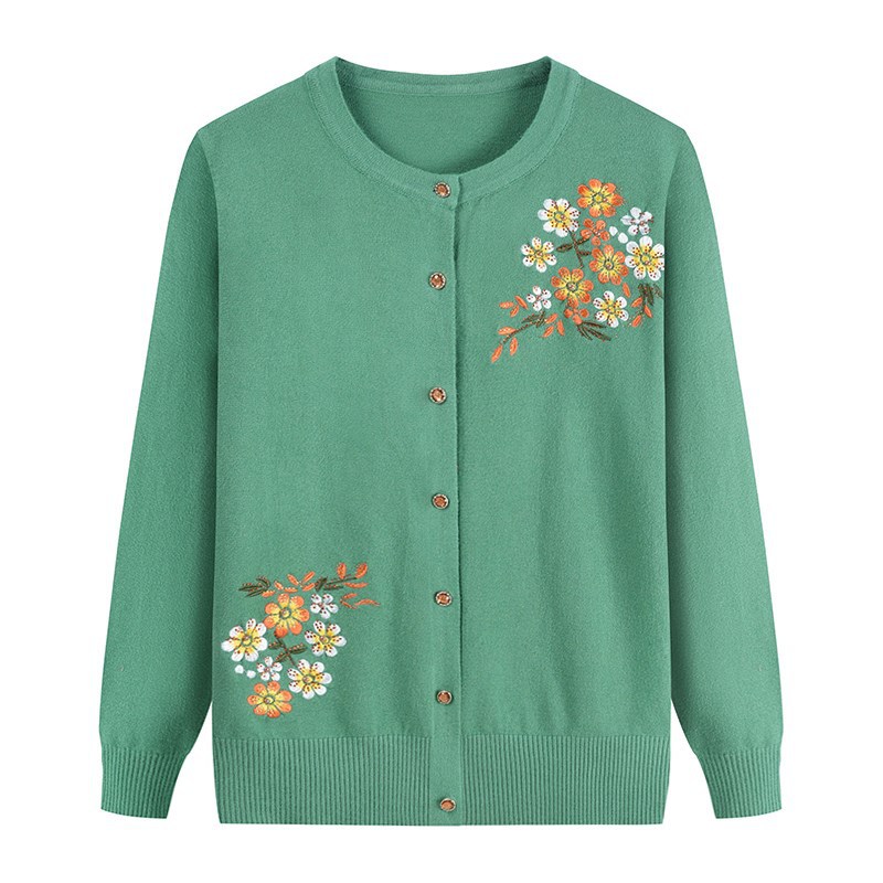 Middle-Aged Mom Spring and Autumn Wear Grandma Sweater Old Lady Sweater Western Style Embroidered round Neck Small Cardigan Coat Top