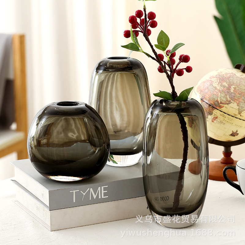 New Creative Upscale Glass Vase Nordic Style Small Mouth Vase Decoration Artistic Living Room Hydroponic Flower Decorations