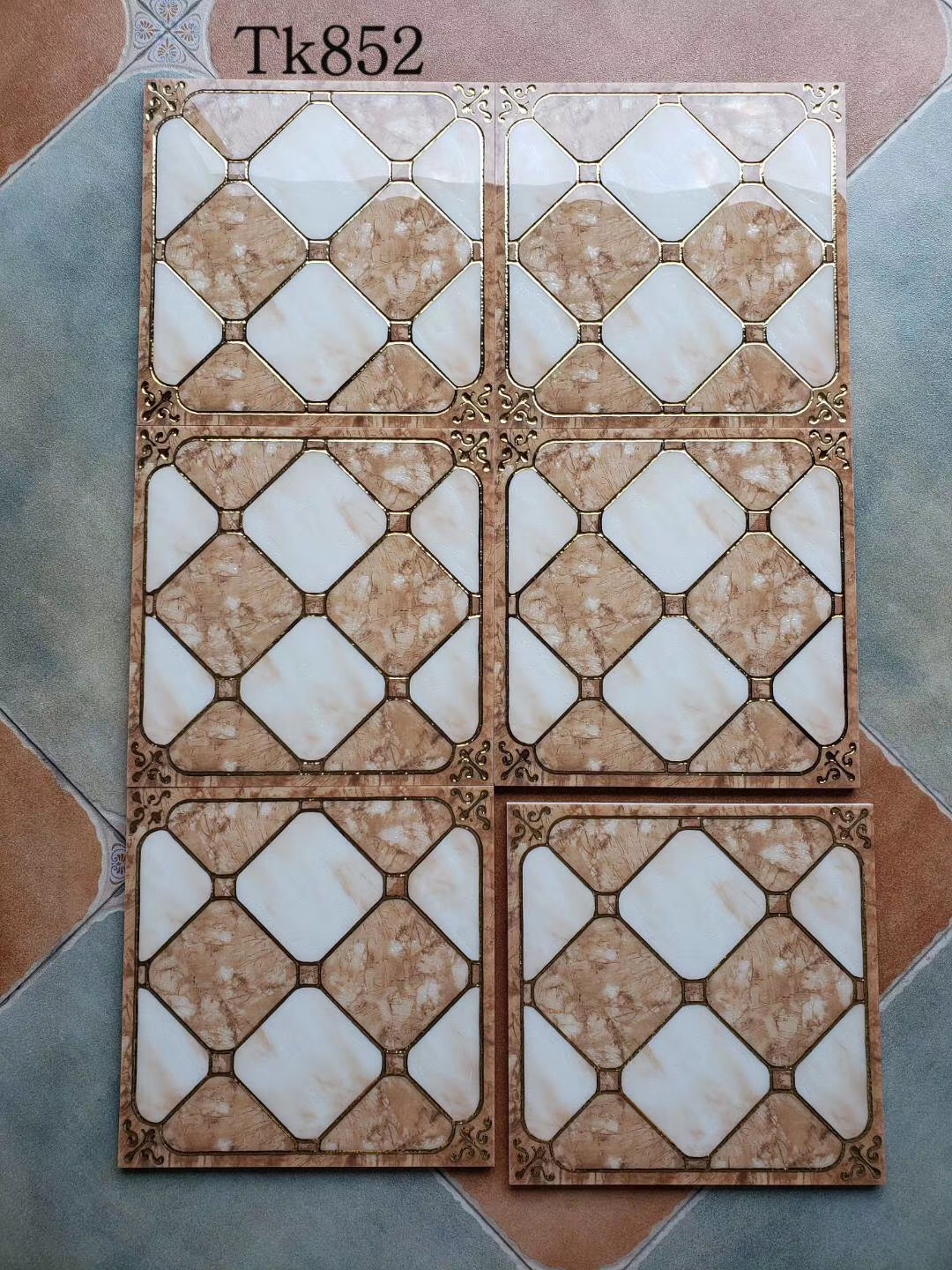 欧式镶金边菱形格子抛晶砖300x300厨卫阳台防滑地砖 镀金背景墙砖