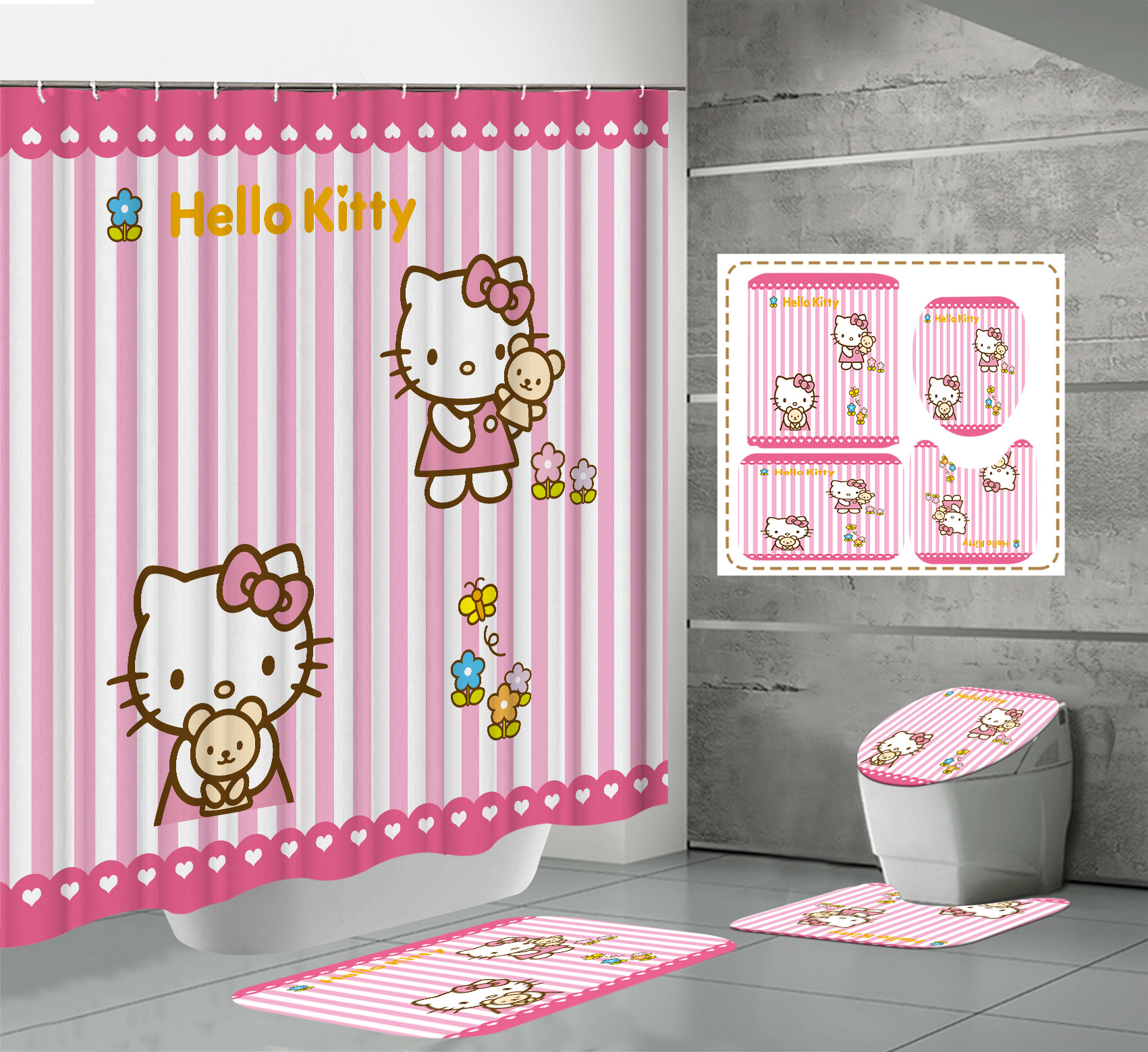 Amazon E-Commerce Hot Sale Digital Printing Waterproof and Mildew-Proof Polyester Cartoon Hello Kitty Shower Curtain Factory Direct Sales