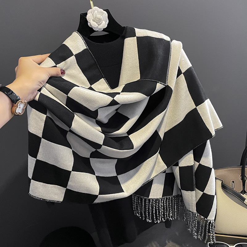 Women's Korean-Style Winter Rectangular Chessboard Plaid Colorblock Multi-Functional Tassel Thickened Warm Scarf Shawl