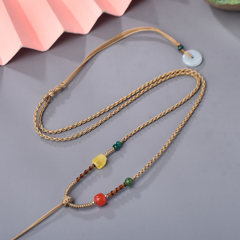 新款手工编织四股项链绳天然蜜蜡南红碧玉配珠可搭玉坠蜜蜡南红