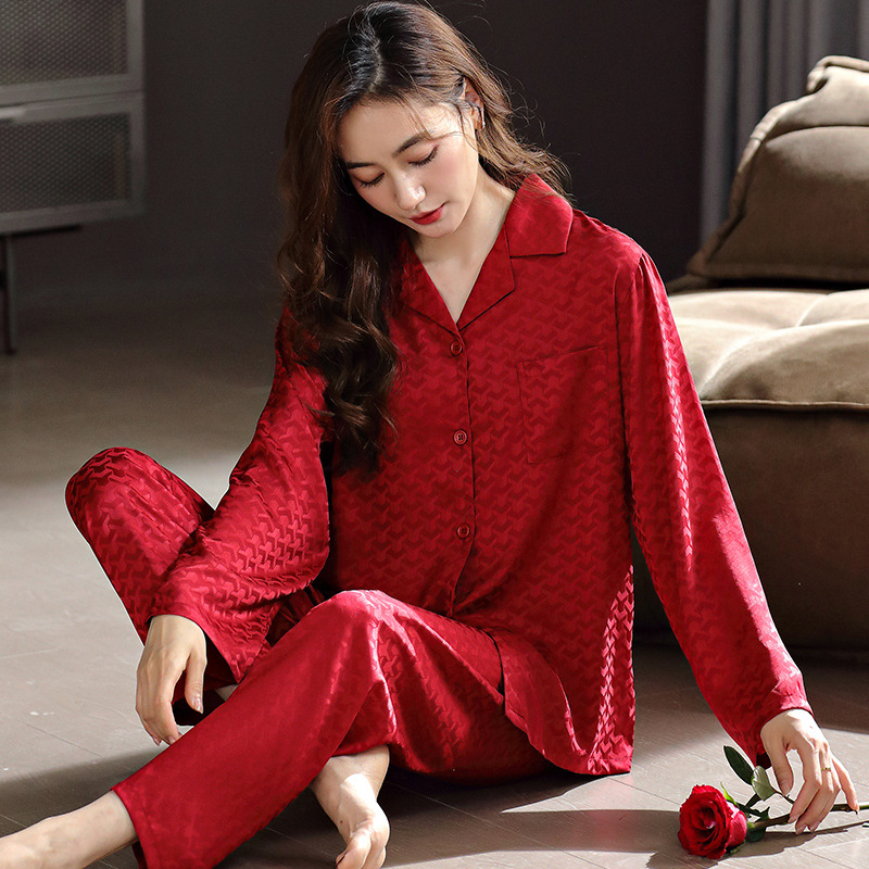 Pajamas for Women Spring and Summer Ice Silk Silk Red Spring and Autumn Wedding Bride Women's Cardigan Homewear Autumn and Winter