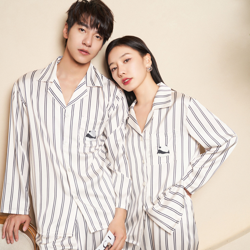 jiangnan he 2023 spring and summer panda embroidery couple long-sleeved trousers ice silk pajamas one-piece delivery home wear suit